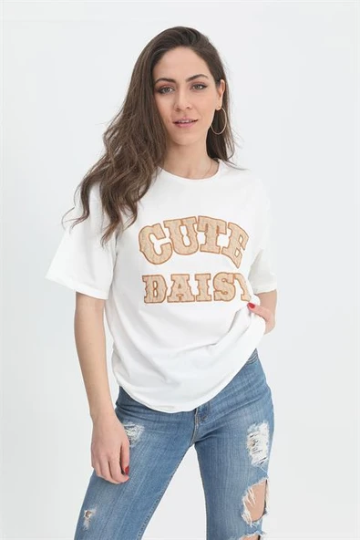 T-shirt Kabartma Baskı Bisiklet Yaka - Bej - Resim 2