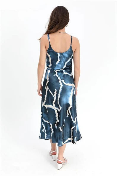 Elbise Ayarlanabilir Askılı Desen Saten - Mavi - Resim 4