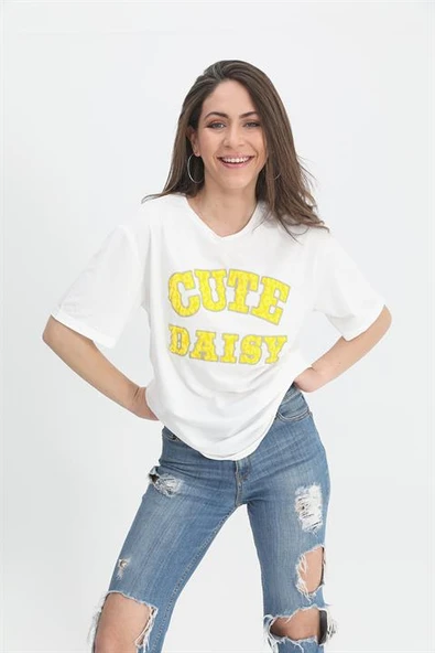 T-shirt Kabartma Baskı Bisiklet Yaka - Sarı - Resim 2