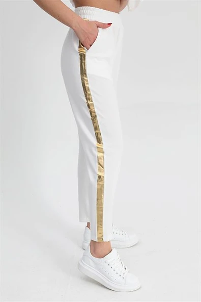 Takım Eteği Çimalı Kuş Baskılı Beli Lastikli T-shirt Pantolon - Ekru - Resim 4