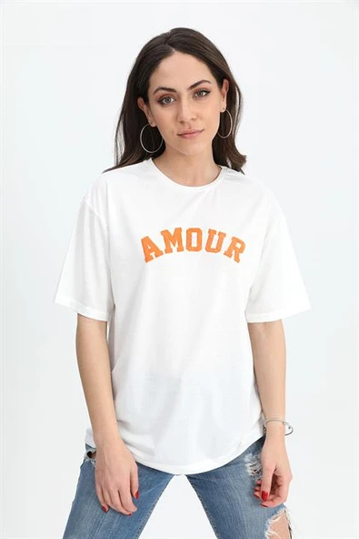 T-shirt Bisiklet Yaka Amour Baskılı - Turuncu ürün görseli 1