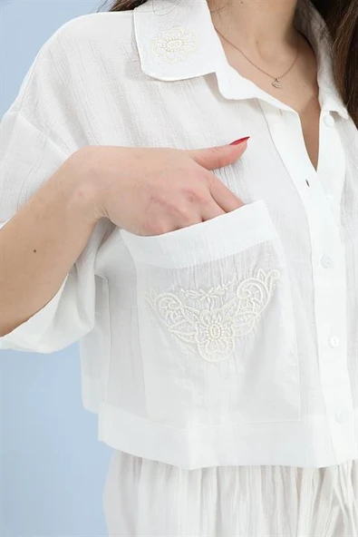 Takım Nakış Detaylı Viskon Gömlek Pantolon - Ekru - Resim 5