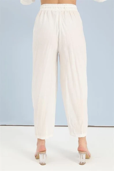 Takım Nakış Detaylı Viskon Gömlek Pantolon - Ekru - Resim 6