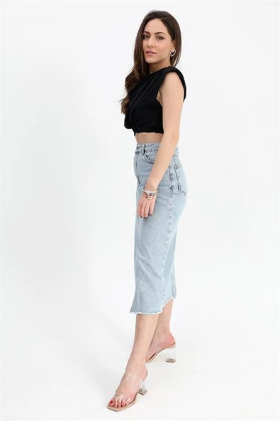 Kot Etek Önü Yırtmaçlı Eteği Püsküllü - Mavi - Resim 4