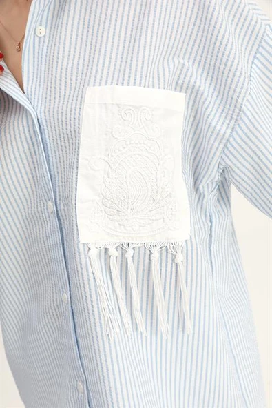 Gömlek Cebi Nakış Püsküllü Gofre - Mavi - Resim 5