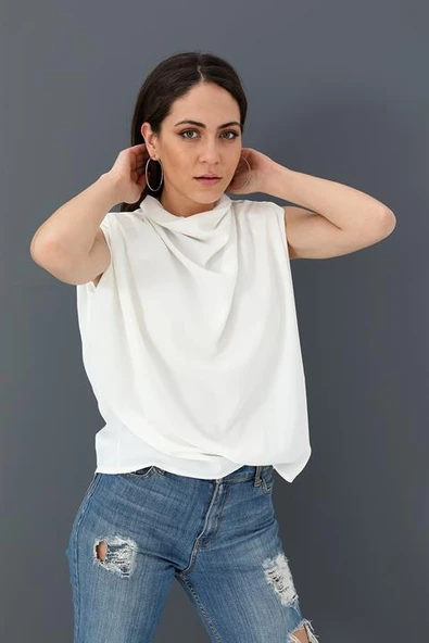 Bluz Kolsuz Degaje Yaka - Ekru ürün görseli 1