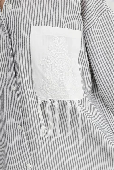 Gömlek Cebi Nakış Püsküllü Gofre - Siyah - Resim 4