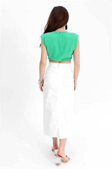 Kot Etek Önü Yırtmaçlı Eteği Püsküllü - Beyaz - Resim 4