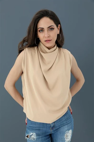 Bluz Kolsuz Degaje Yaka - Bej - Resim 2