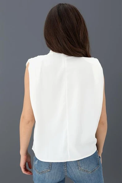Bluz Kolsuz Degaje Yaka - Ekru - Resim 3