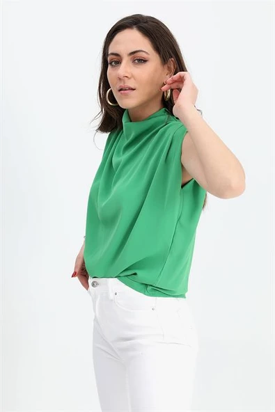Bluz Kolsuz Degaje Yaka - Yeşil - Resim 3