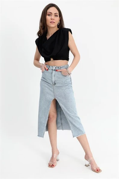 Kot Etek Önü Yırtmaçlı Eteği Püsküllü - Mavi - Resim 3