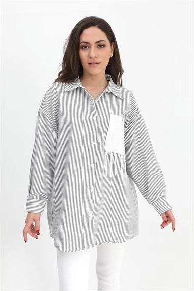 Gömlek Cebi Nakış Püsküllü Gofre - Siyah ürün görseli 1