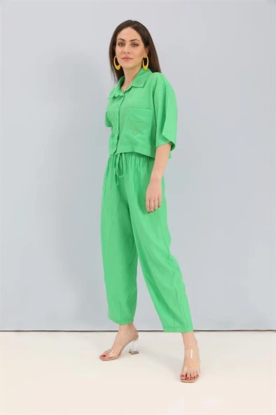 Takım Nakış Detaylı Viskon Gömlek Pantolon - Yeşil - Resim 2