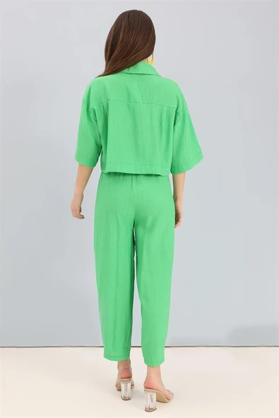 Takım Nakış Detaylı Viskon Gömlek Pantolon - Yeşil - Resim 6
