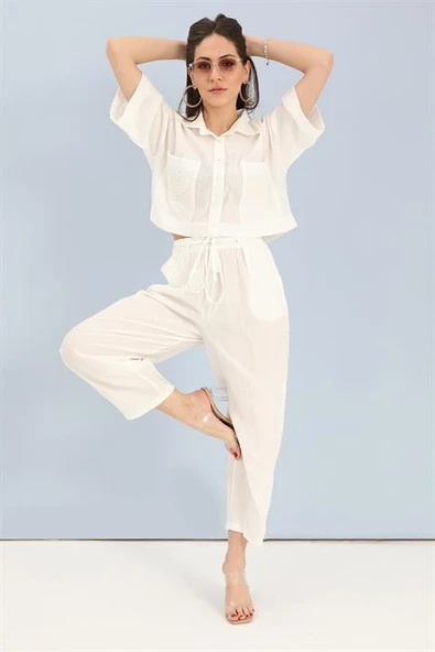 Takım Nakış Detaylı Viskon Gömlek Pantolon - Ekru - Resim 2