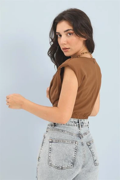 Bluz Omuzları Vatkalı Beli Lastikli Halka Detaylı - Kahverengi - Resim 3
