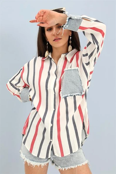 Gömlek Keten Garnili Çizgili Kot - Lacivert - Resim 3