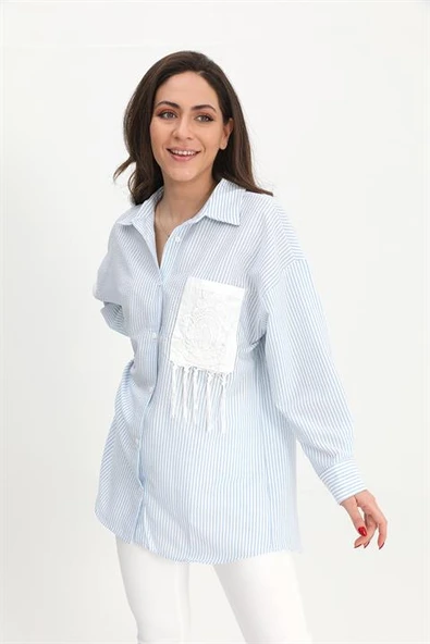 Gömlek Cebi Nakış Püsküllü Gofre - Mavi - Resim 4