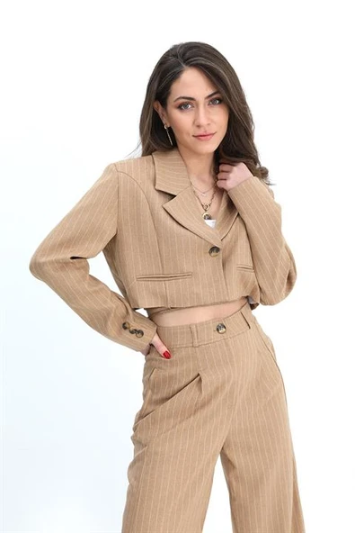 Ceket Kısa Vatkalı Fleto Cepli Çizgili - Camel ürün görseli 1