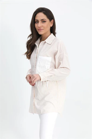 Gömlek Cebi Nakış Püsküllü Gofre - Bej - Resim 3