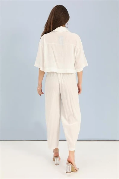 Takım Nakış Detaylı Viskon Gömlek Pantolon - Ekru - Resim 4
