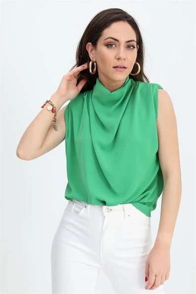 Bluz Kolsuz Degaje Yaka - Yeşil - Resim 2