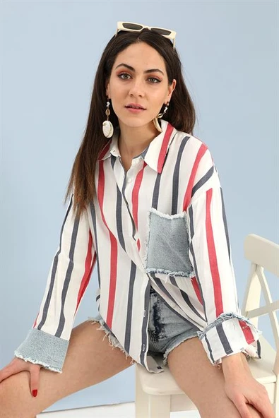 Gömlek Keten Garnili Çizgili Kot - Lacivert ürün görseli 1