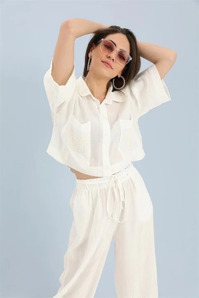 Takım Nakış Detaylı Viskon Gömlek Pantolon - Ekru - Resim 3