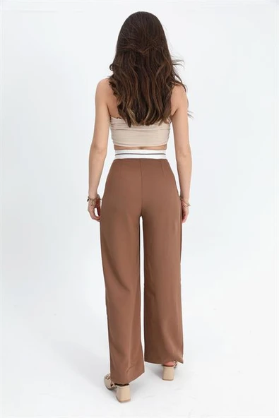 Pantolon Palazzo Garni Kemerli Atlas Kumaş - Taba - Resim 4