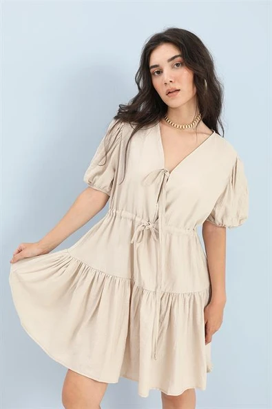 Elbise Balon Kol Beli Büzgülü - Taş - Resim 2