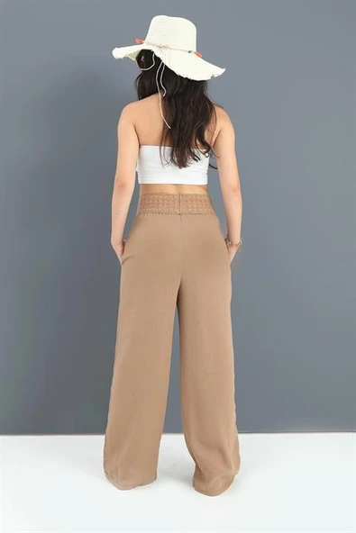 Pantolon Beli Örme Detaylı Bol Paça - Camel - Resim 3