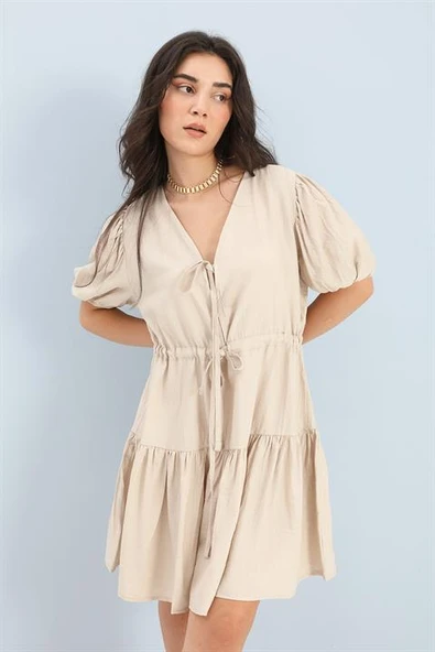 Elbise Balon Kol Beli Büzgülü - Taş - Resim 4