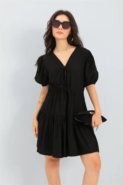 Elbise Balon Kol Beli Büzgülü - Siyah - Resim 3