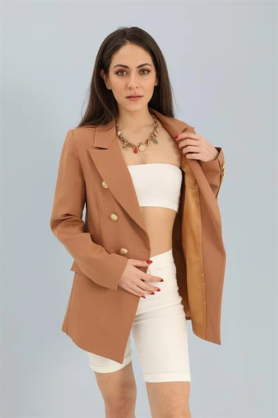 Blazer Fleto Cepli Atlas Kumaş Ceket - Camel - Resim 2