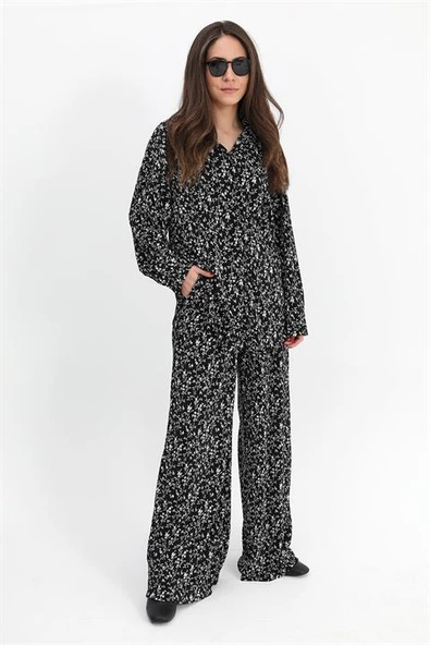 Takım Piliseli Örme Çiçek Desenli - Siyah - Resim 2