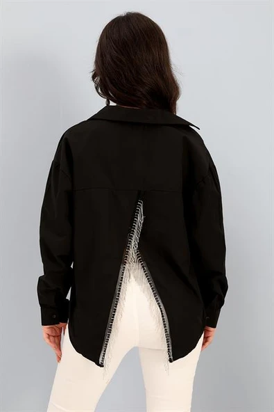 Gömlek Cepli Arkası Zincir Detaylı - Siyah - Resim 5