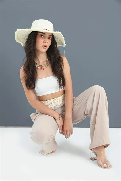 Pantolon Beli Örme Detaylı Bol Paça - Bej - Resim 2