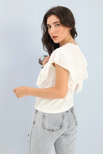 T-shirt Bisiklet Yaka Kolları Fırfırlı - Beyaz - Resim 2