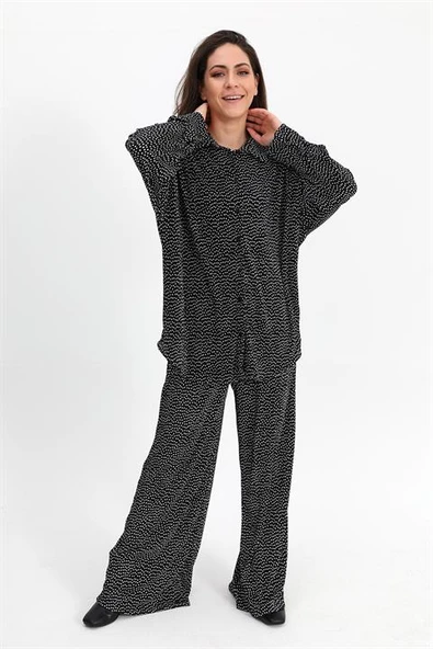 Takım Piliseli Örme Puantiye Desenli - Siyah - Resim 2