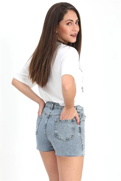 Taş İşlemeli Yüksek Bel Kot Şort - Mavi - Resim 3