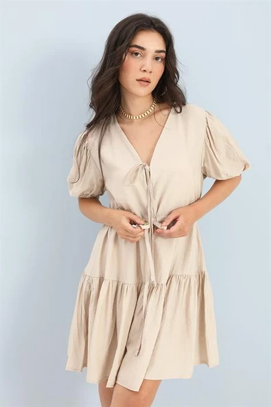 Elbise Balon Kol Beli Büzgülü - Taş - Resim 3