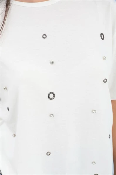 T-shirt Bisiklet Yaka Halka ve Taş Detaylı - Ekru - Resim 4
