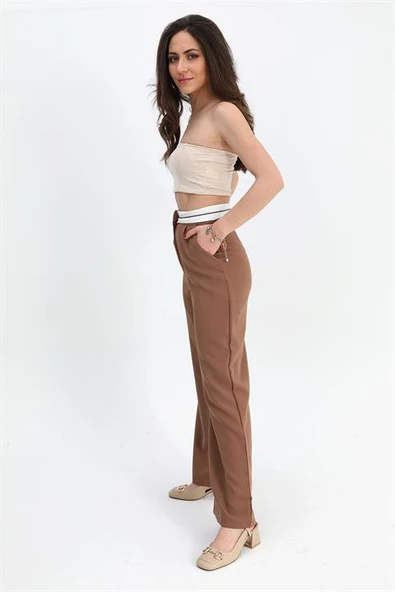 Pantolon Palazzo Garni Kemerli Atlas Kumaş - Taba - Resim 3