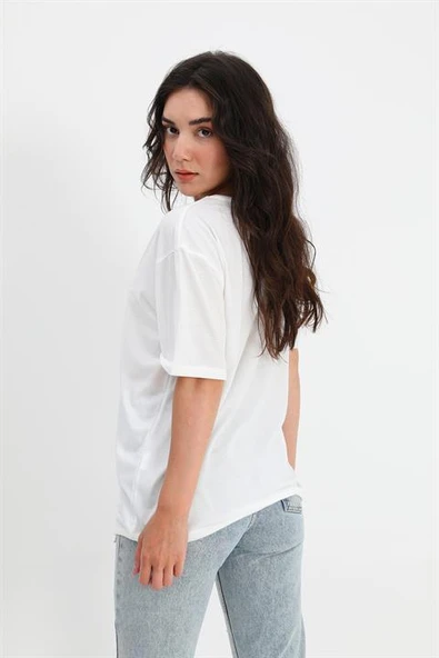 T-shirt Bisiklet Yaka Çiçek Desenli - Ekru - Resim 3