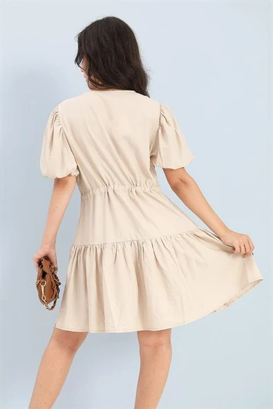 Elbise Balon Kol Beli Büzgülü - Taş - Resim 6