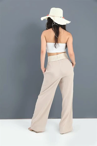 Pantolon Beli Örme Detaylı Bol Paça - Bej - Resim 5