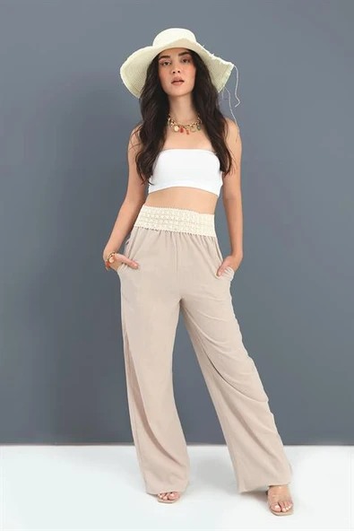 Pantolon Beli Örme Detaylı Bol Paça - Bej - Resim 4