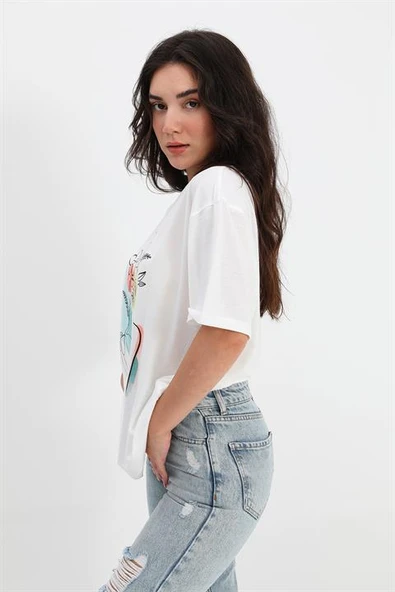 T-shirt Bisiklet Yaka Çiçek Desenli - Ekru - Resim 2