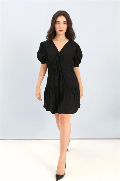 Elbise Balon Kol Beli Büzgülü - Siyah ürün görseli 1